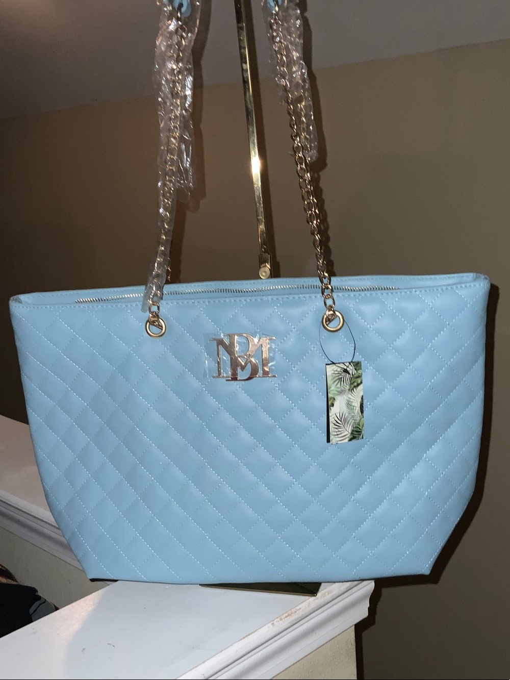 Badgley Mischka Quilted Light Blue Tote with Gold Chain Handles